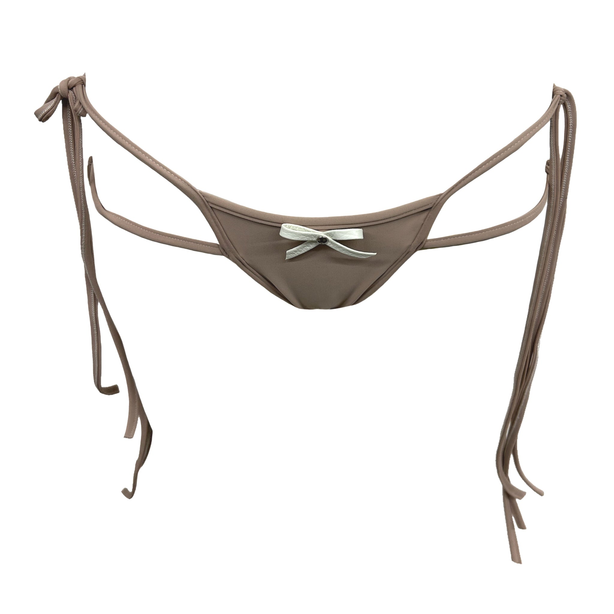 Nude Double Tie Bikini Bottom with Leather Bow