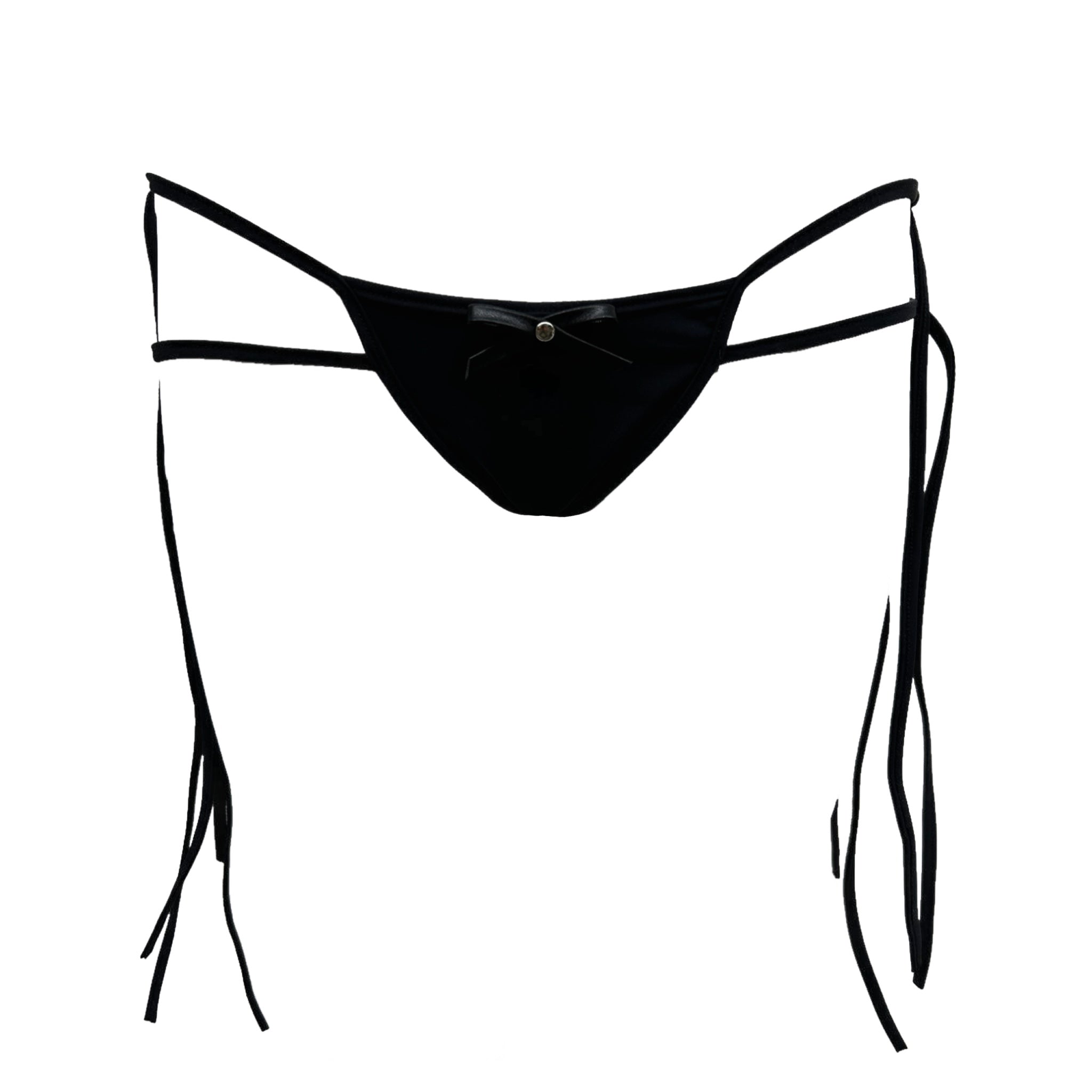 Black Double Tie Bikini Bottom with Leather Bow